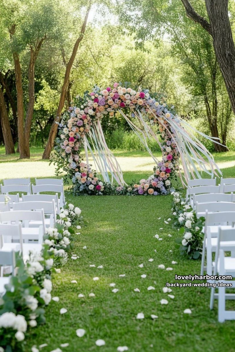 lawn ceremony with circular flower arch, white chairs, and lush greenery. 1