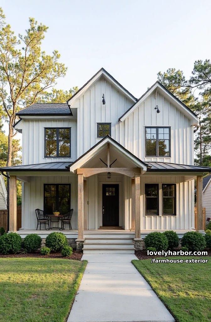 light board and batten modern farmhouse, gabled roof, wooden porch columns, mature trees. 1