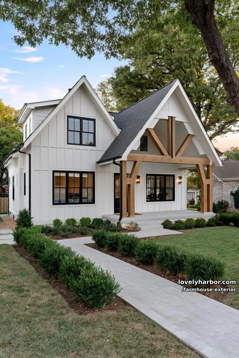 44 New Farmhouse Exterior Designs To Copy 9 light board and batten modern farmhouse, gabled roof, wooden porch columns, mature trees. 1