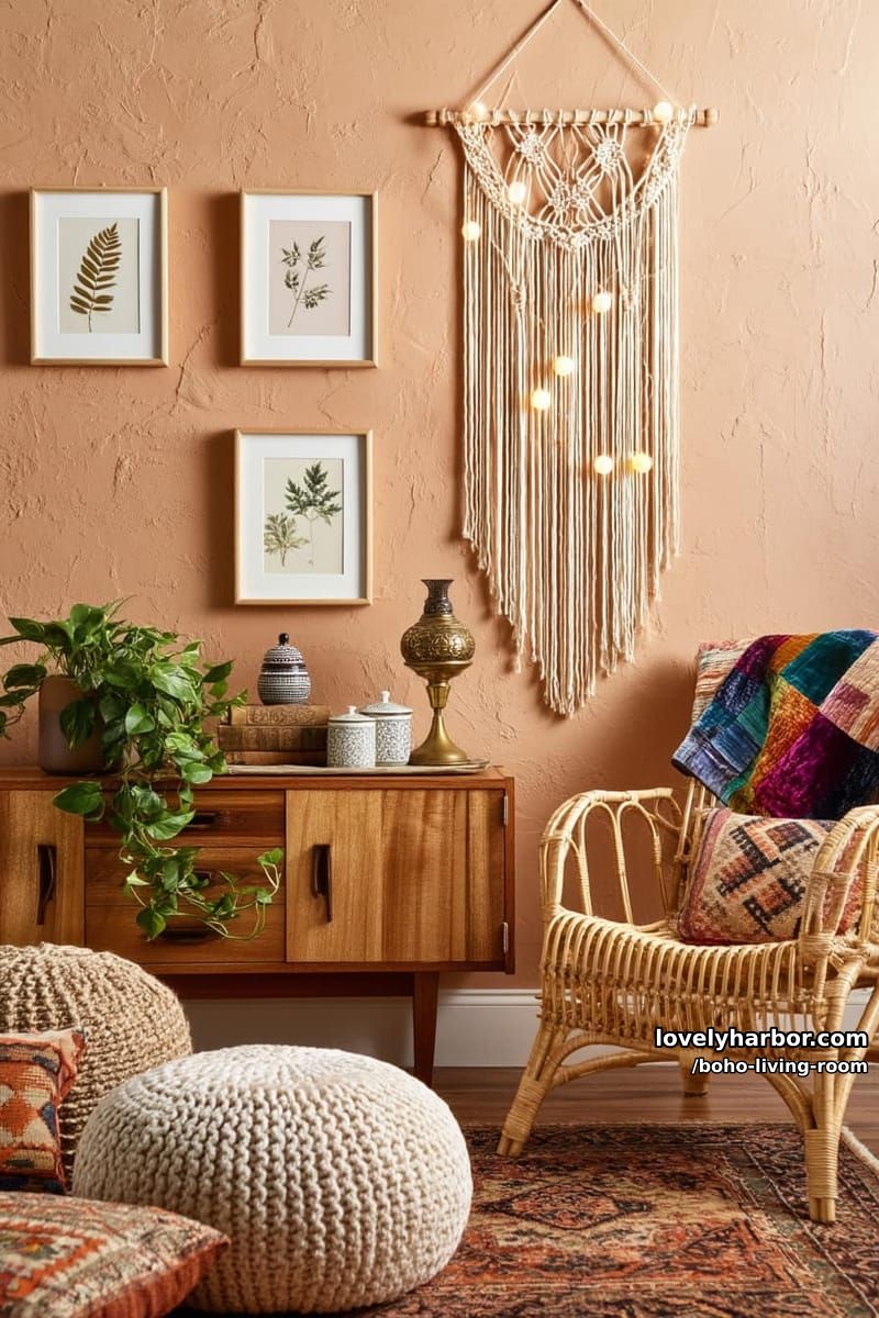 light brown boho living room with botanical prints and floor seating. 1