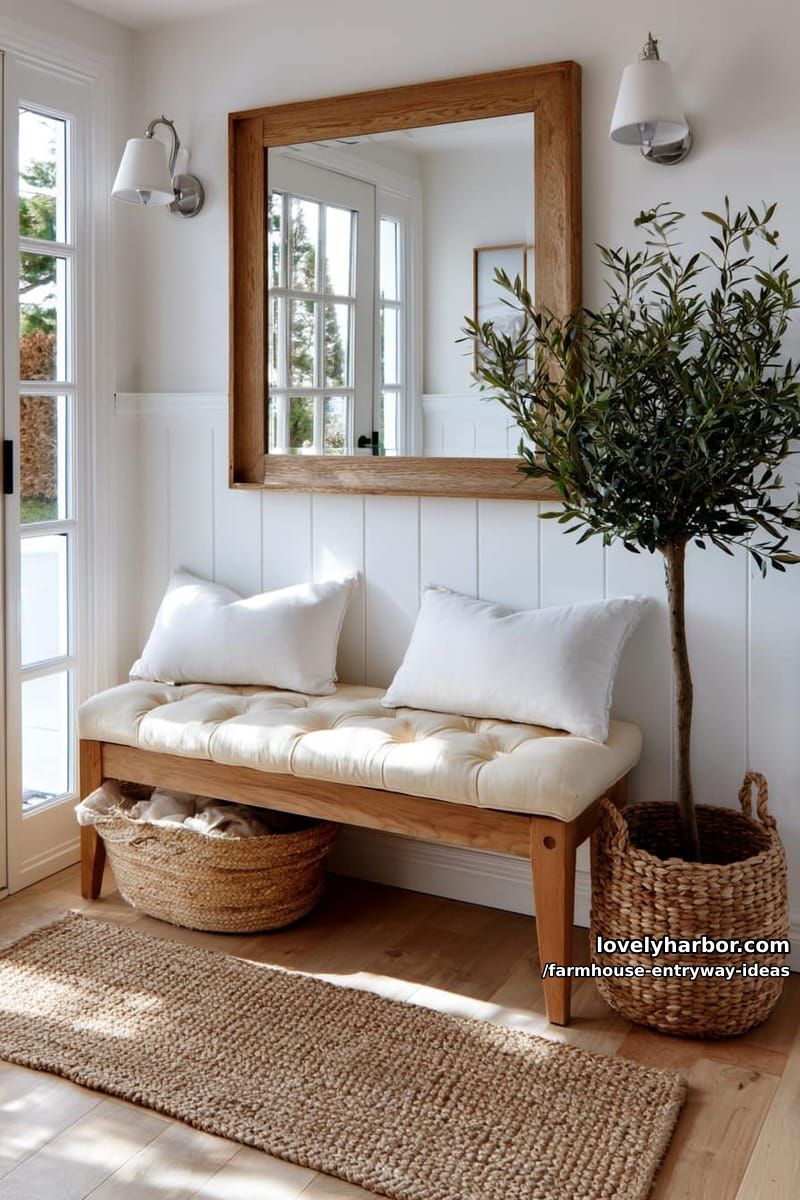 light-filled entryway with wooden bench, large mirror, and jute rug. 1