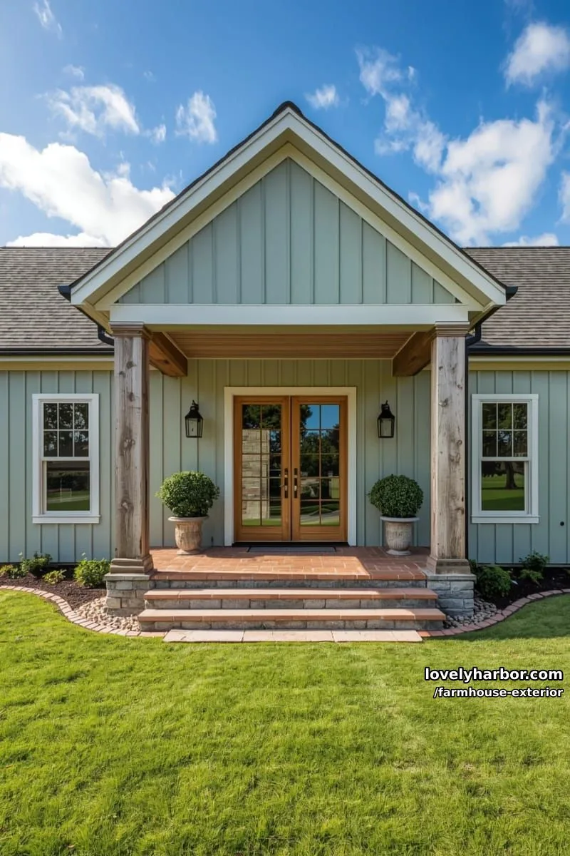 44 New Farmhouse Exterior Designs To Copy 70 light sage green farmhouse, gabled roof, rustic wood posts, symmetrical windows, potted shrubs. 1