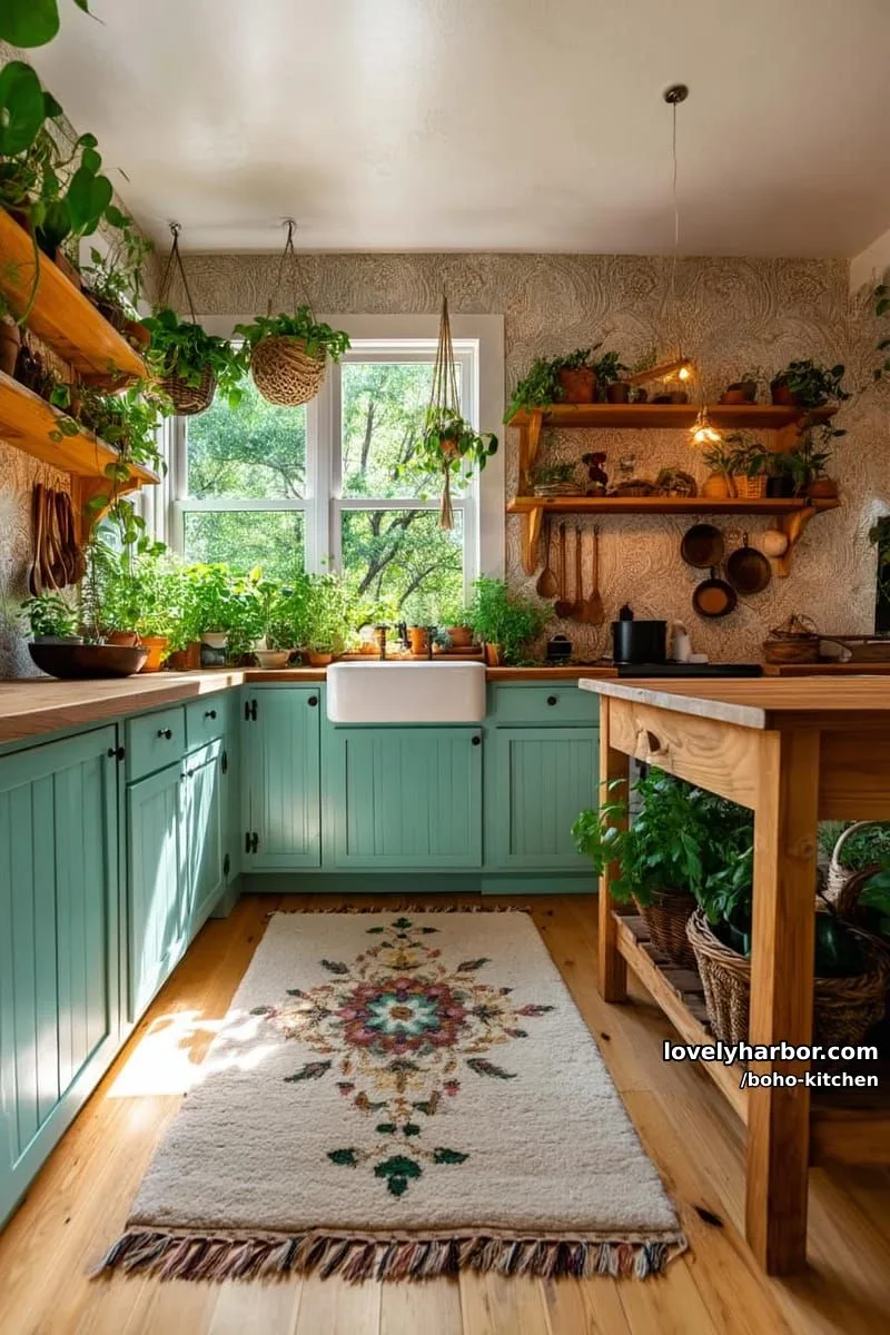 light teal cabinets, farmhouse sink, abundant green plants, vintage wallpaper, rustic decor. 1