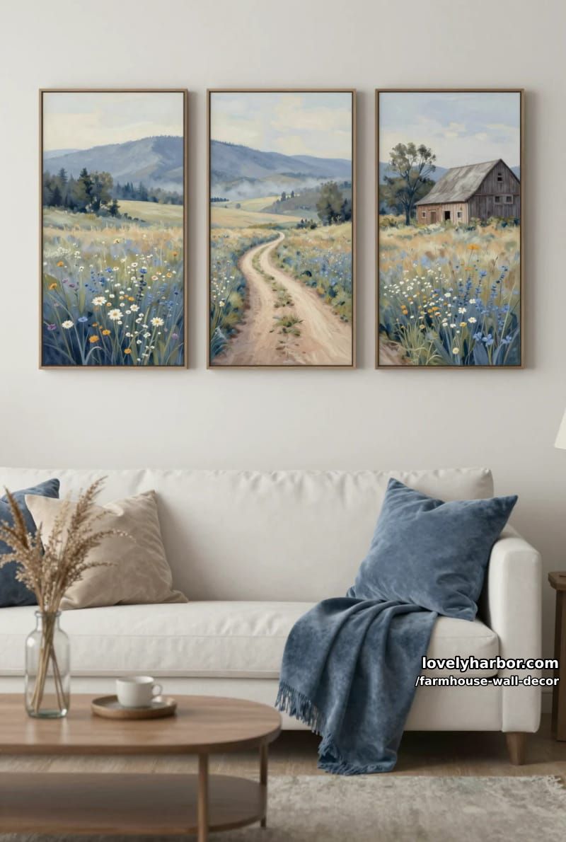 living room with blue and beige pillows, landscape paintings, and rustic accents. 1