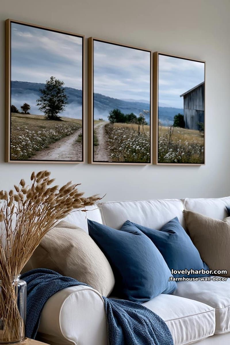 living room with blue and beige pillows, landscape paintings, and rustic accents. 1