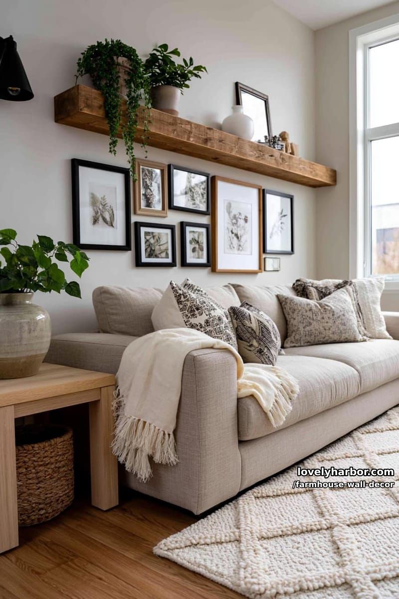 living room with neutral sofa, gallery wall, and floating shelf with plants. 1