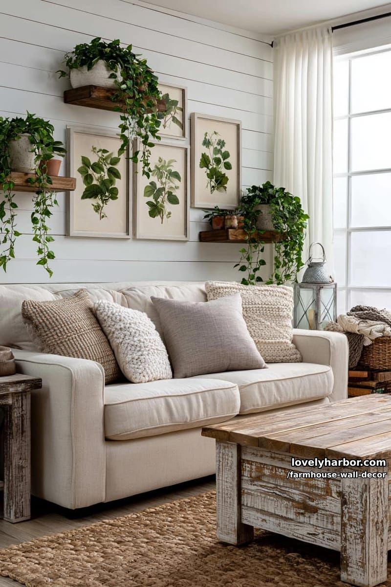 living room with neutral textured pillows, botanical prints, and trailing plants. 1
