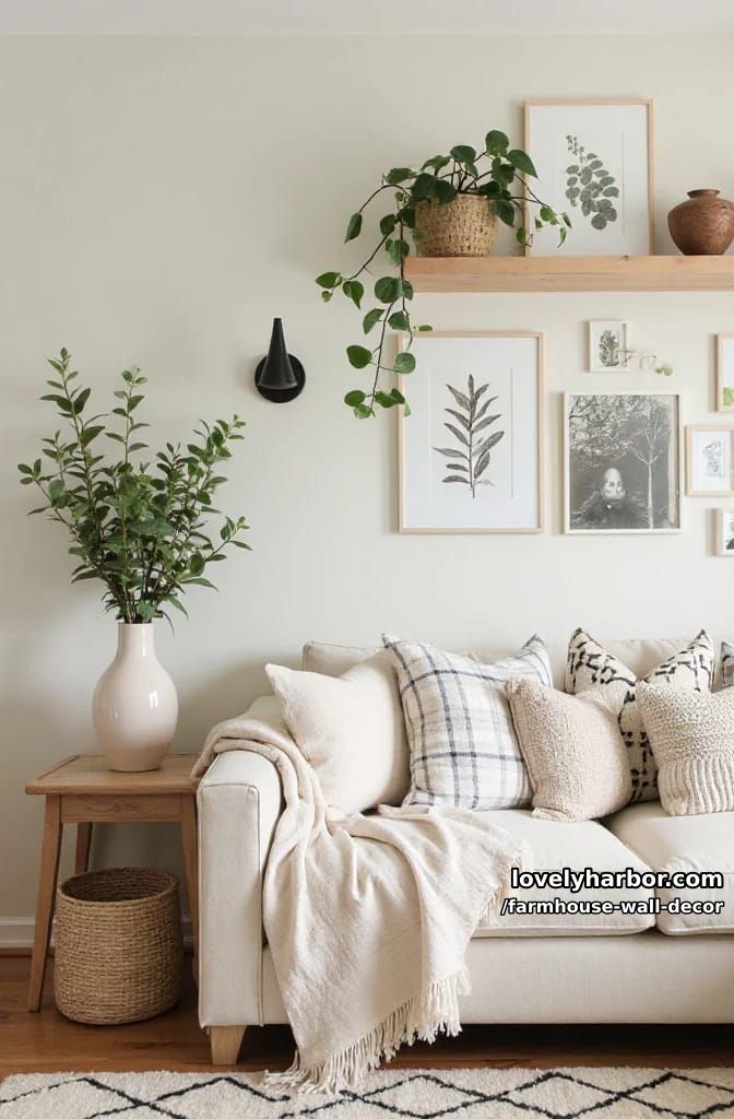 living room with neutral textured pillows, botanical prints, and trailing plants. 1