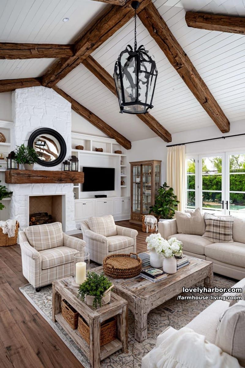 living room with vaulted shiplap ceiling, stone fireplace, beige sectional, and french doors. 1
