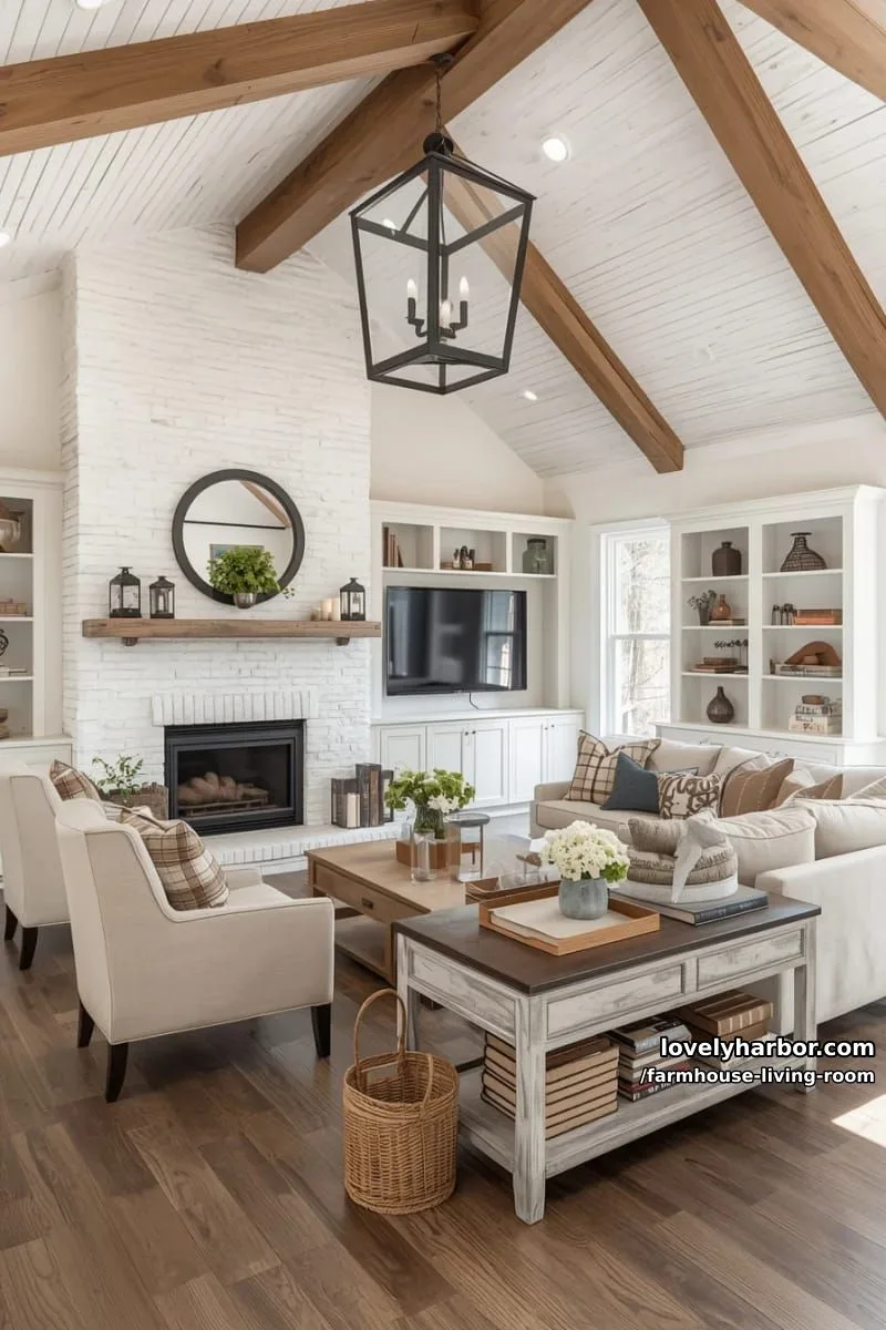 living room with vaulted shiplap ceiling, stone fireplace, beige sectional, and french doors. 1