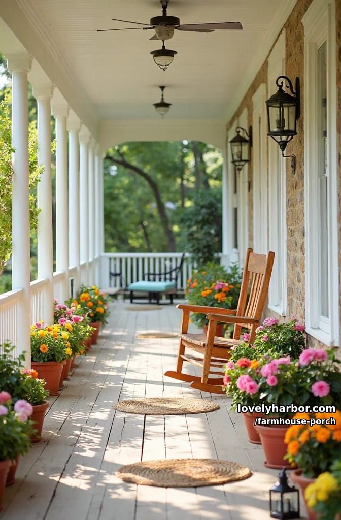 long porch with rocking chair, terracotta pots, woven rugs, and lantern sconces. 1