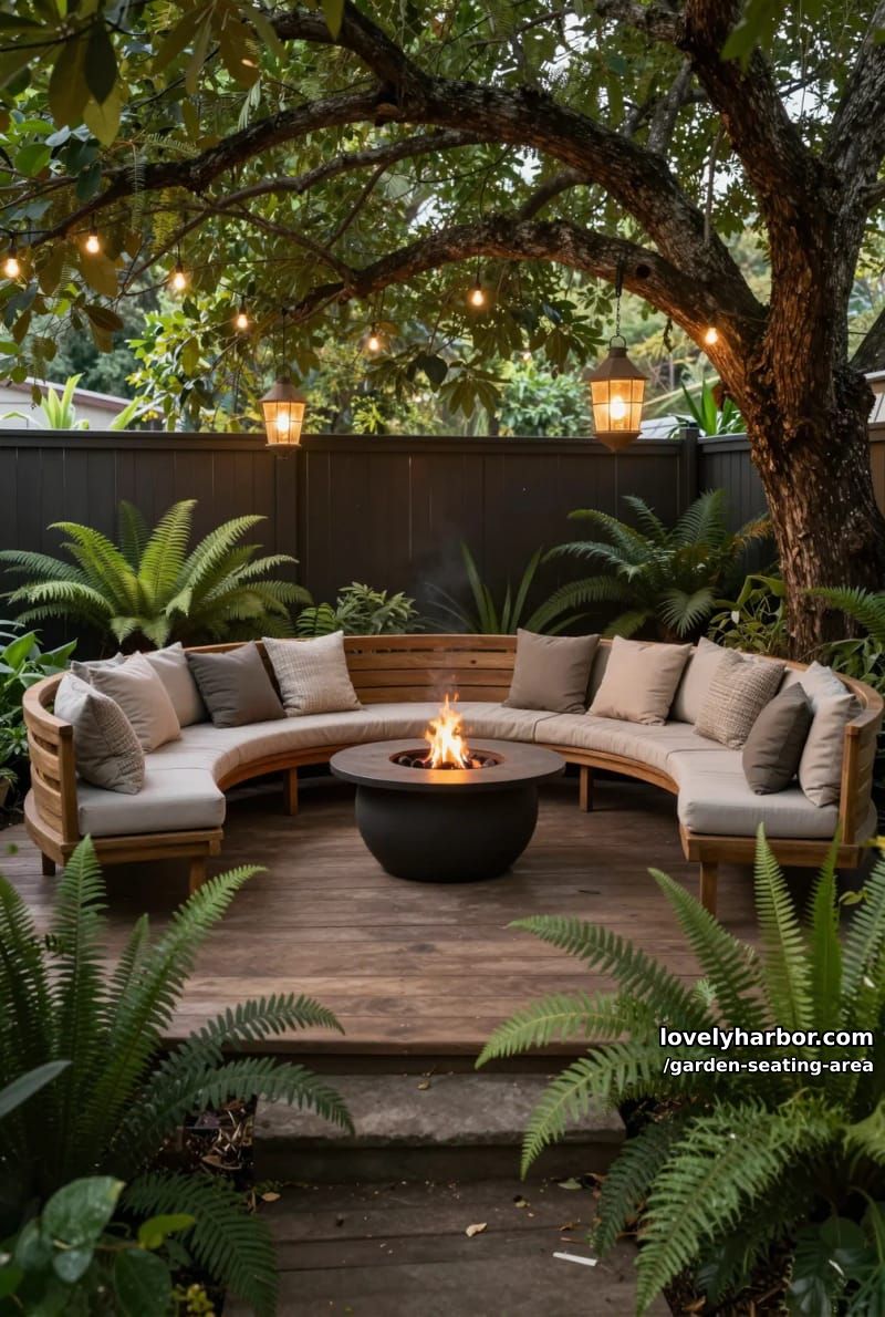 lounge area under large tree, pendant lanterns, curved bench, fire pit, and ferns 1