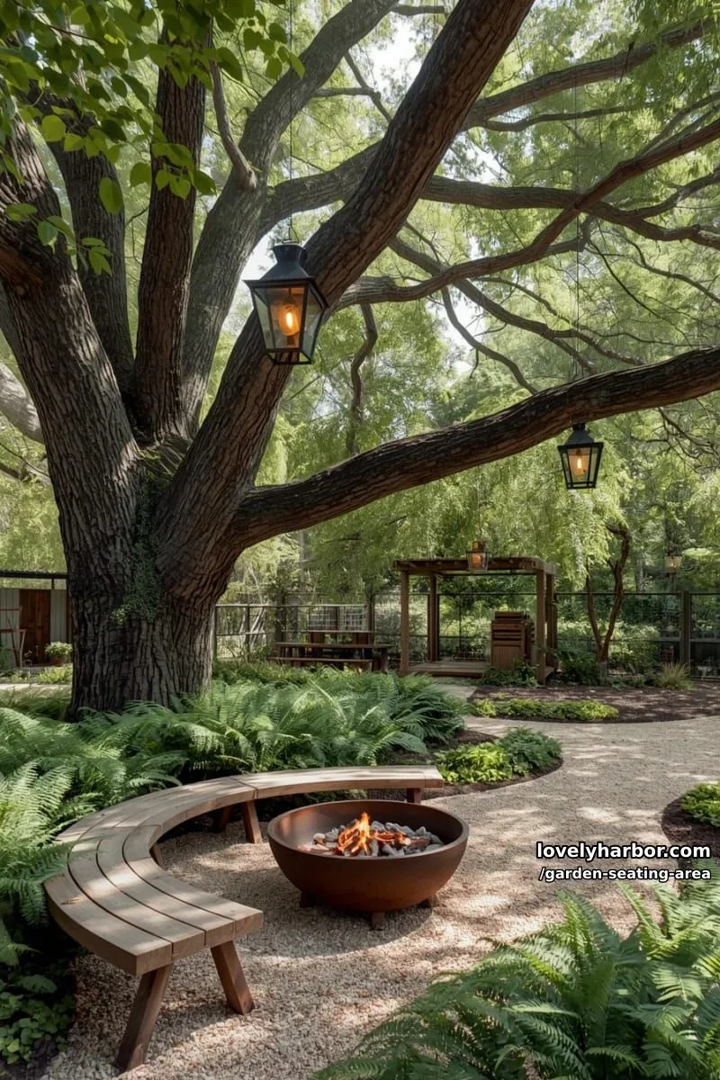 lounge area under large tree, pendant lanterns, curved bench, fire pit, and ferns 1