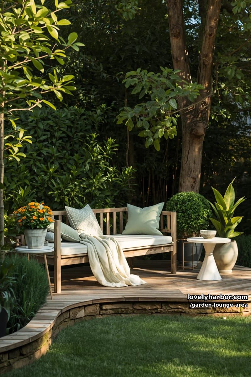 low wooden daybed on deck surrounded by dense greenery 1