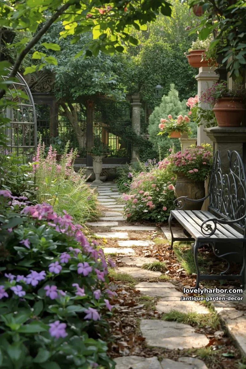 20 Antique Garden Decor Ideas for an Extraordinary Look 6 lush garden path bordered by flowers and antique garden decorations. 1