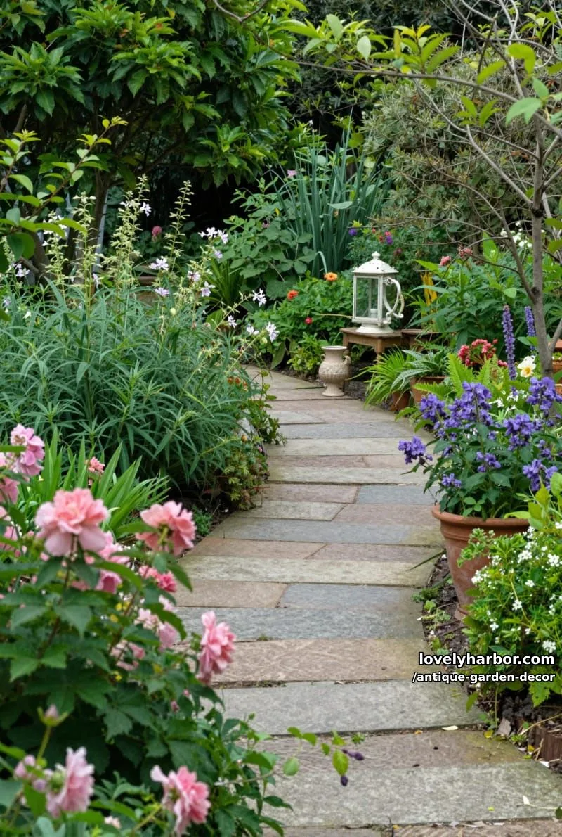 20 Antique Garden Decor Ideas for an Extraordinary Look 7 lush garden path bordered by flowers and antique garden decorations. 1