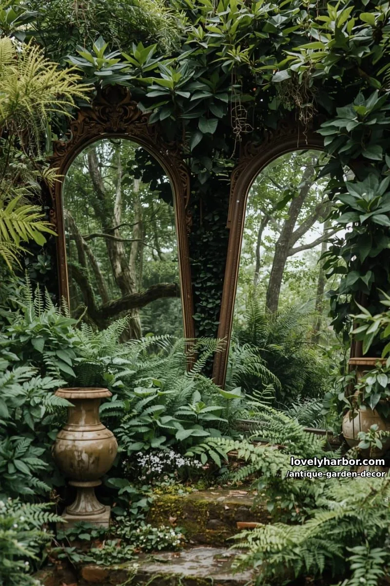 20 Antique Garden Decor Ideas for an Extraordinary Look 21 lush garden with antique mirrors reflecting greenery and forest views. 1