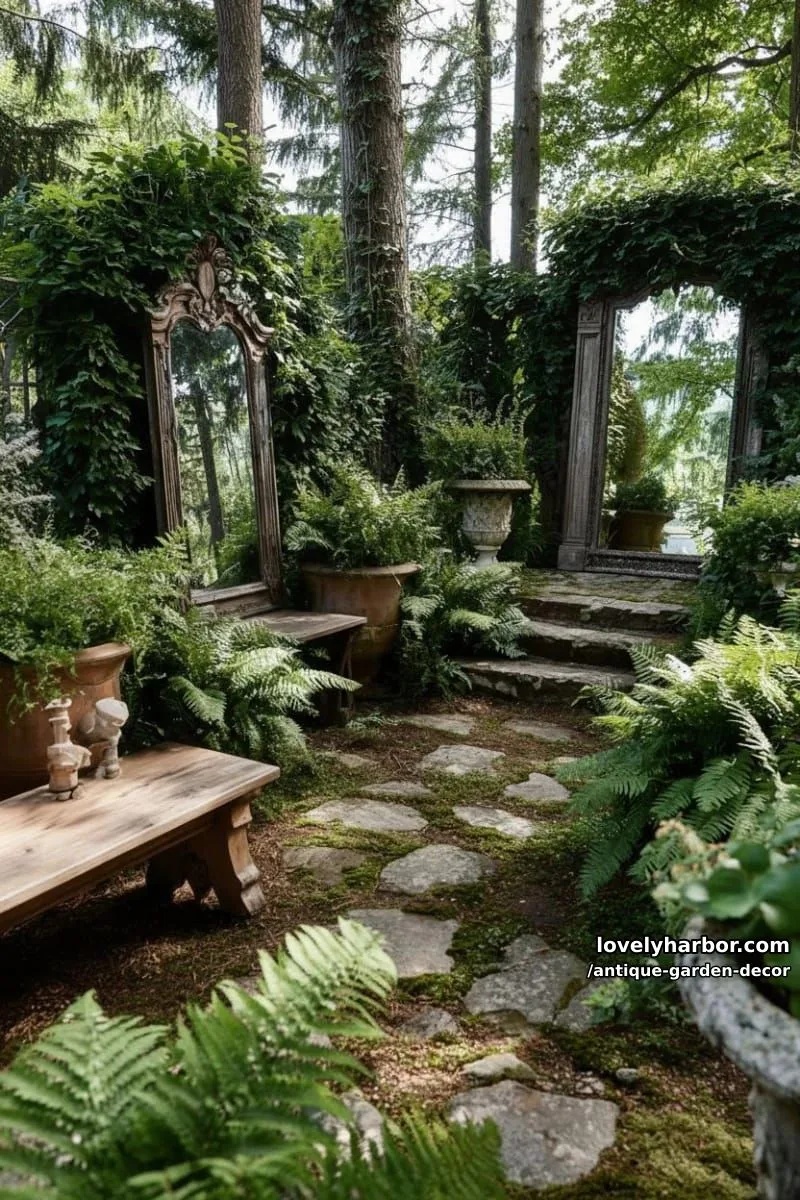 20 Antique Garden Decor Ideas for an Extraordinary Look 22 lush garden with antique mirrors reflecting greenery and forest views. 1