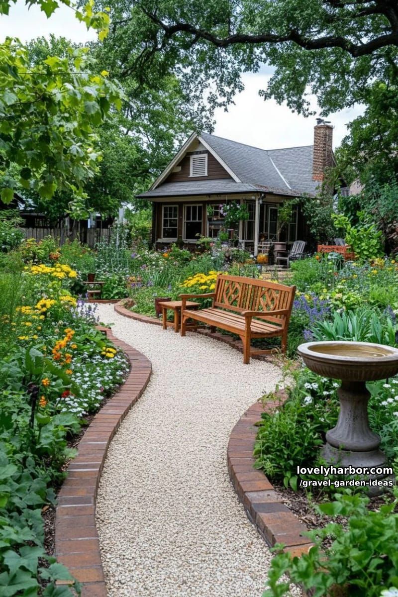 lush garden with gravel path, brick edging, wooden chairs, and birdbath. 1