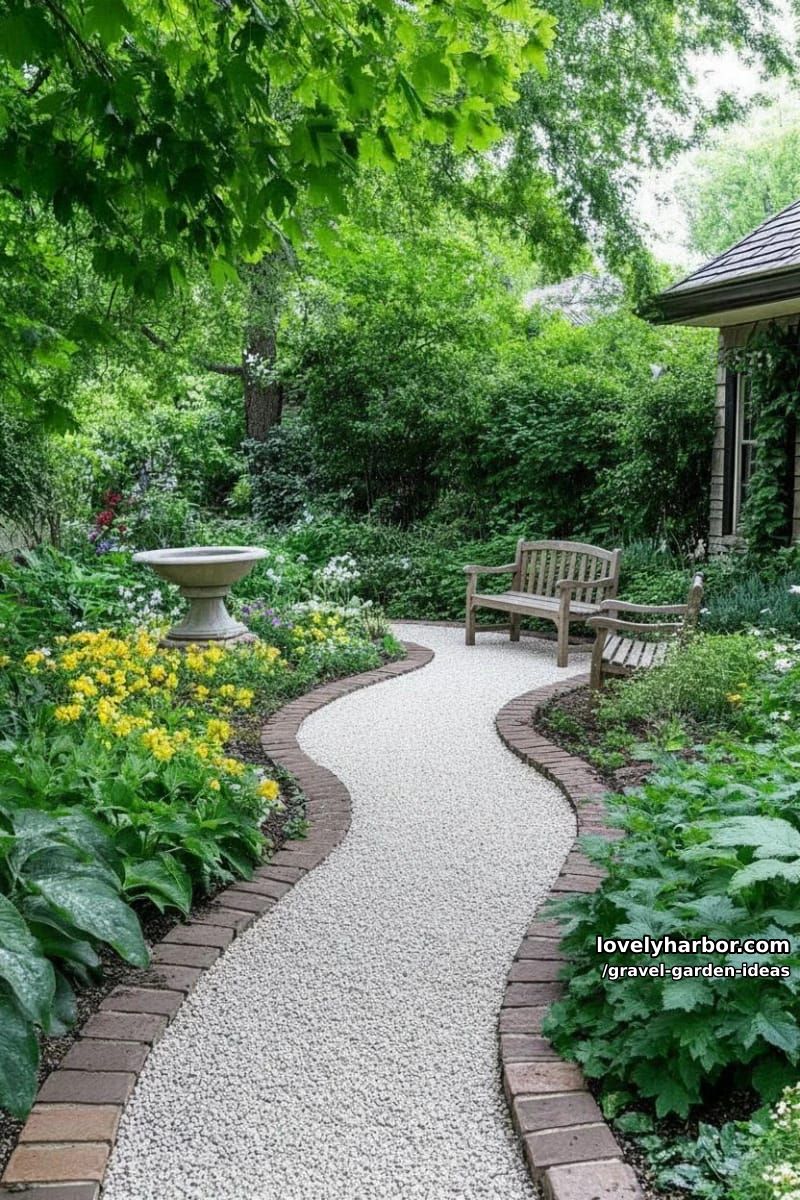 lush garden with gravel path, brick edging, wooden chairs, and birdbath. 1