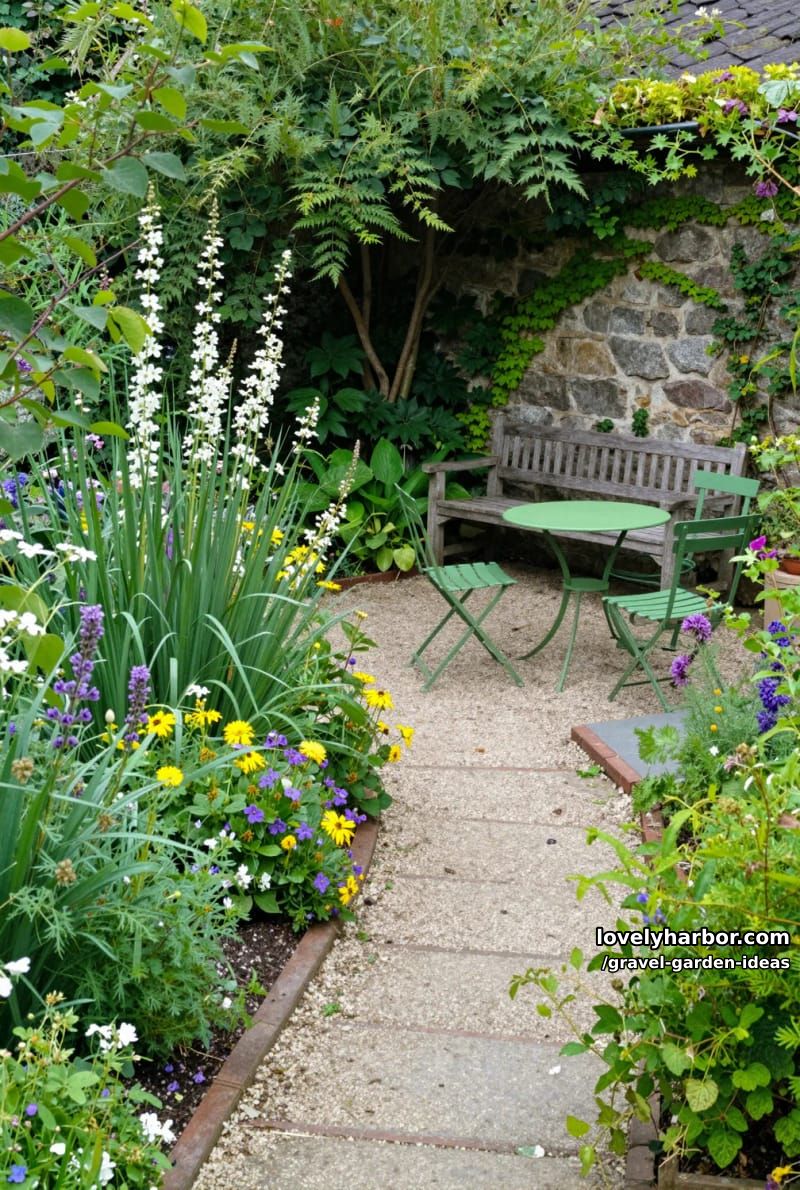 lush garden with winding gravel path, bench, bistro set, and stone wall. 1