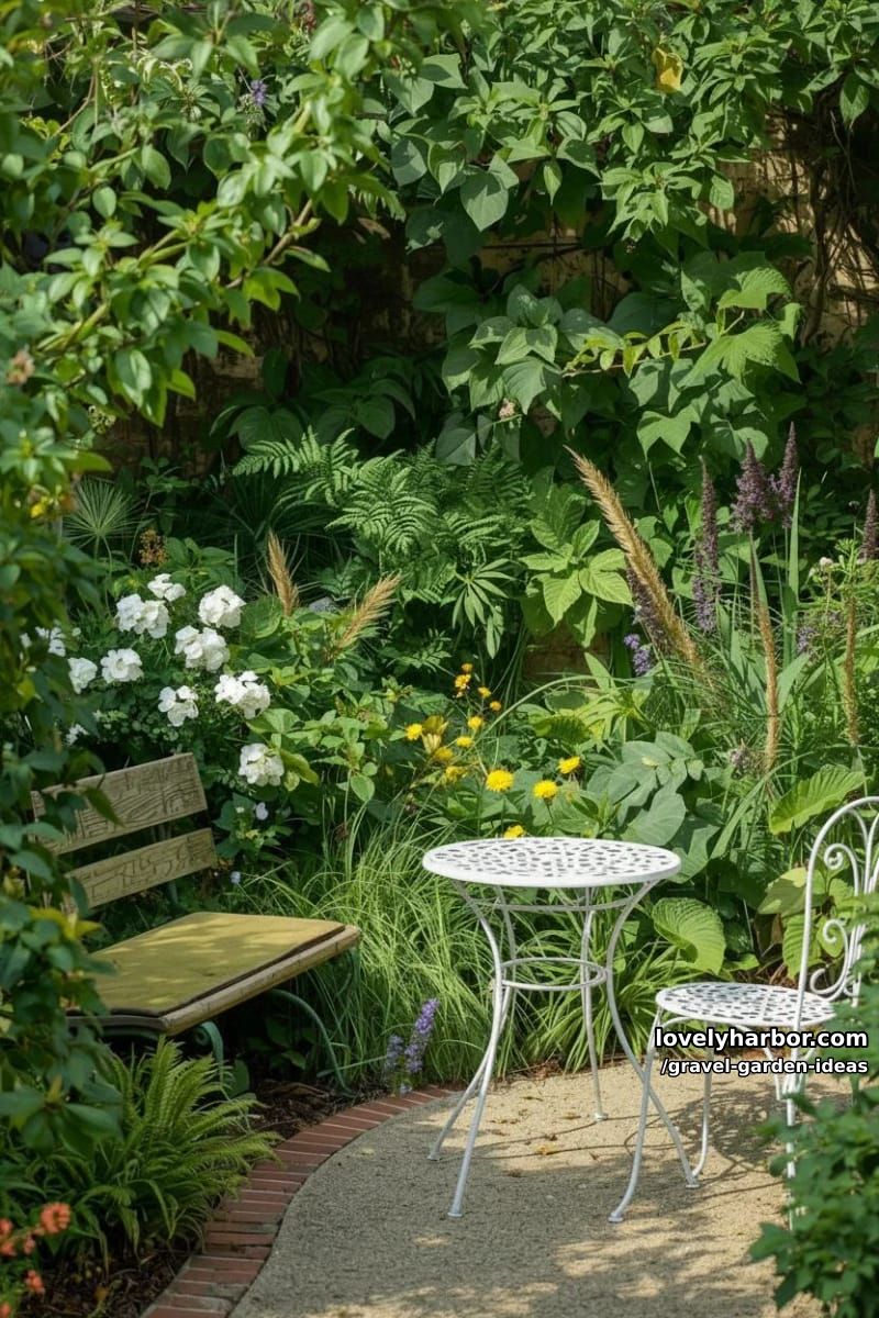lush garden with winding gravel path, bench, bistro set, and stone wall. 1