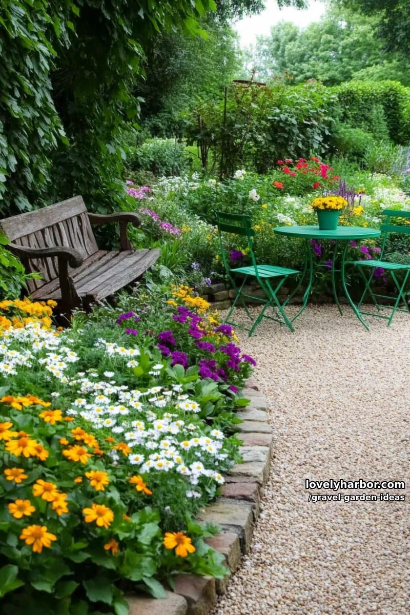 lush garden with winding gravel path, bench, bistro set, and stone wall. 1