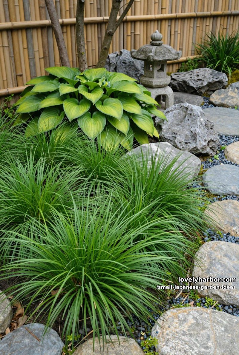 lush japanese-inspired garden with ornamental grass, hostas, stone lantern, and bamboo fence. 1