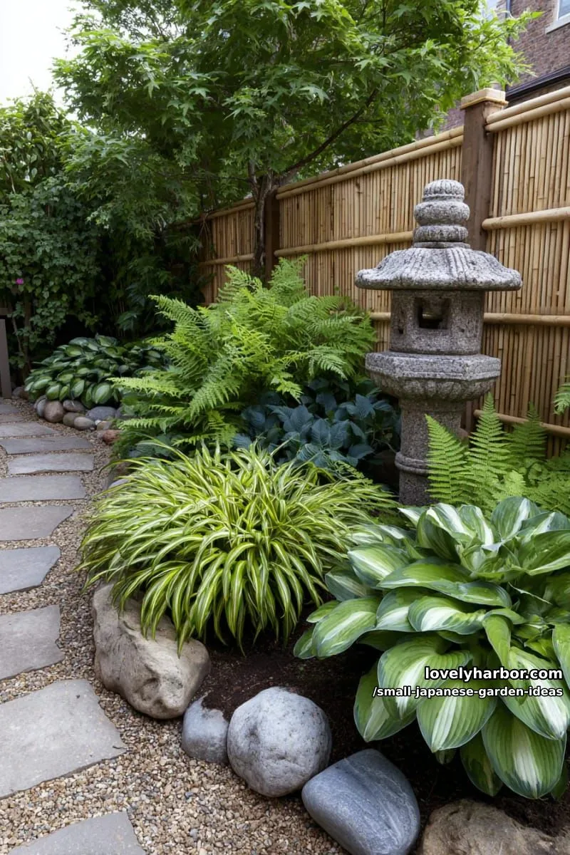 20 Small Japanese Garden Ideas for a Zen Atmosphere 27 lush japanese-inspired garden with ornamental grass, hostas, stone lantern, and bamboo fence. 1