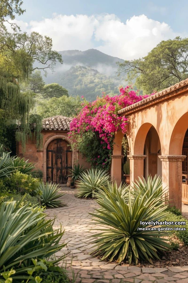 lush mexican garden with terracotta hacienda and vibrant bougainvillea. 1