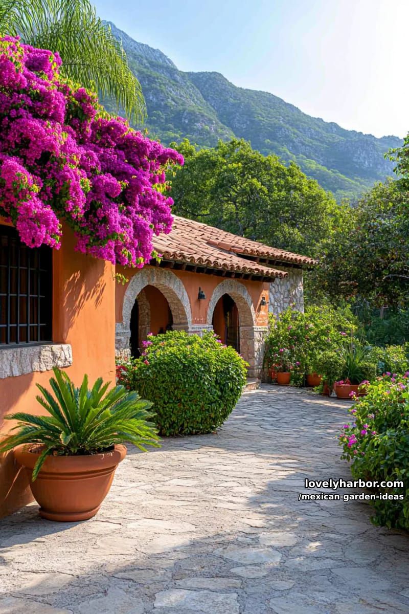 lush mexican garden with terracotta hacienda and vibrant bougainvillea. 1