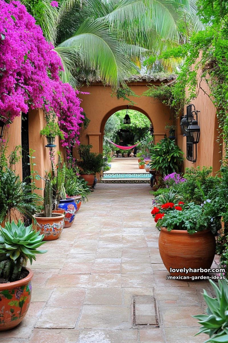 lush mexican garden with terracotta hacienda and vibrant bougainvillea. 1