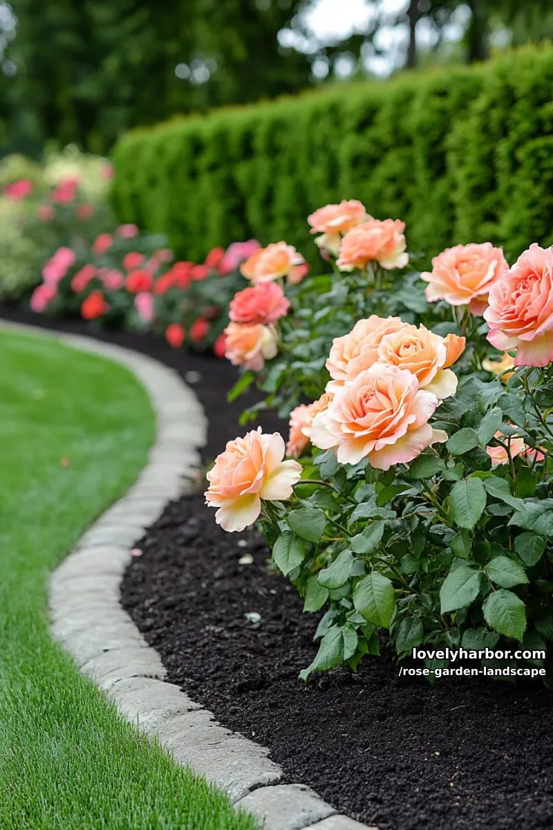 lush rose garden with curved stone-edged flowerbed and manicured lawn. 1