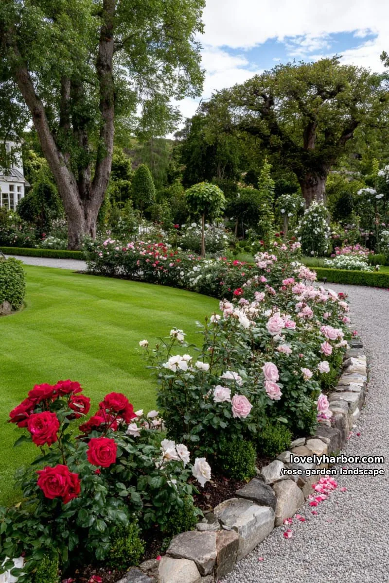 lush rose garden with curved stone-edged flowerbed and manicured lawn. 1