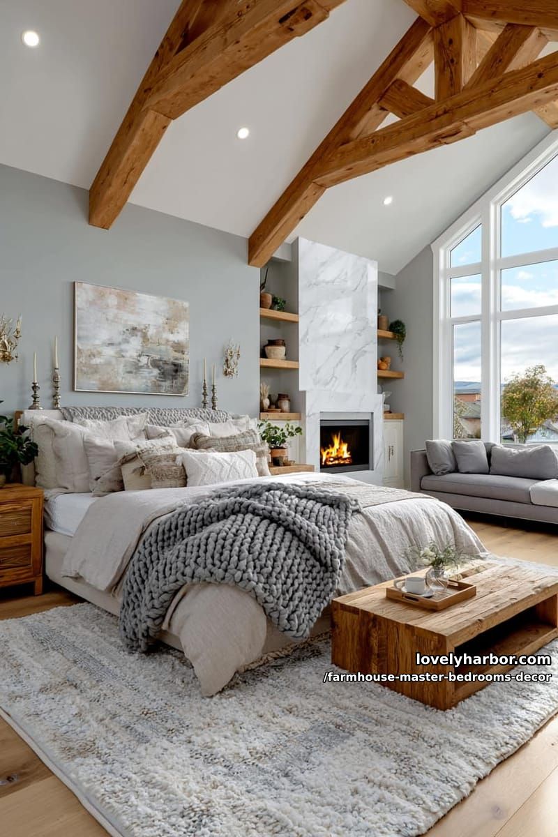 luxurious bedroom with vaulted ceiling, marble fireplace, and layered bedding. 1