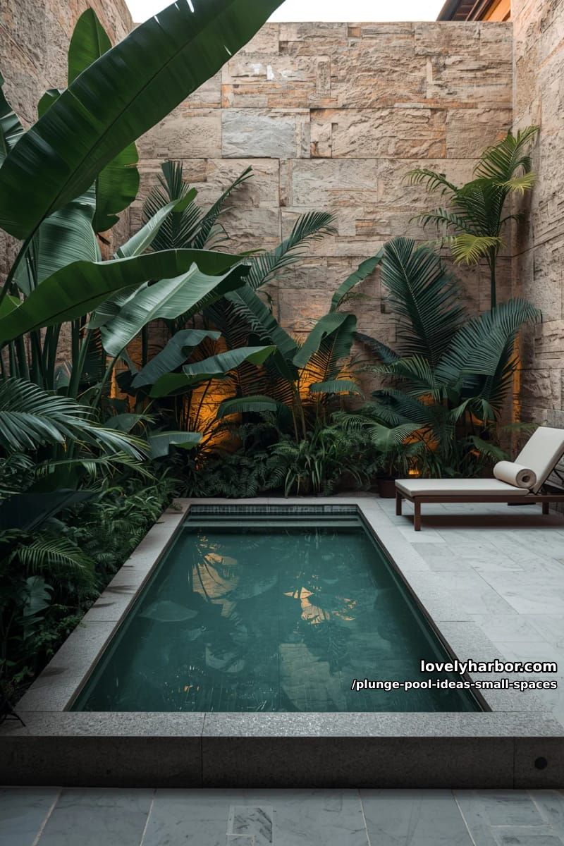 luxurious courtyard plunge pool surrounded by tropical plants and stone walls. 1
