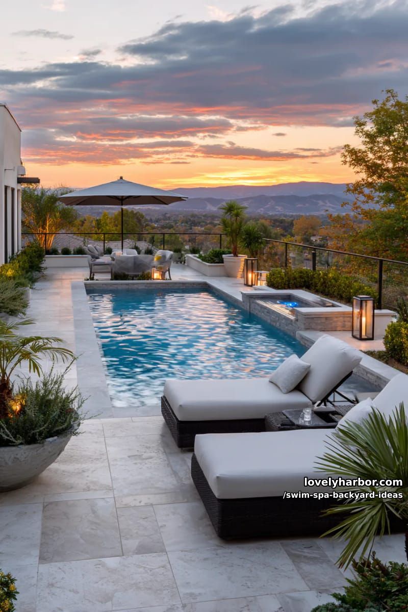 luxury backyard swim spa with lounge furniture and scenic sunset views. 1