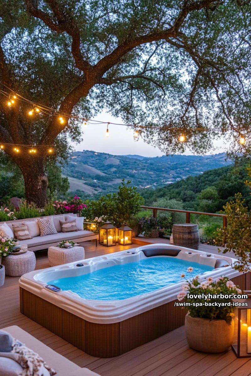 luxury backyard swim spa with lounge furniture and scenic sunset views. 1
