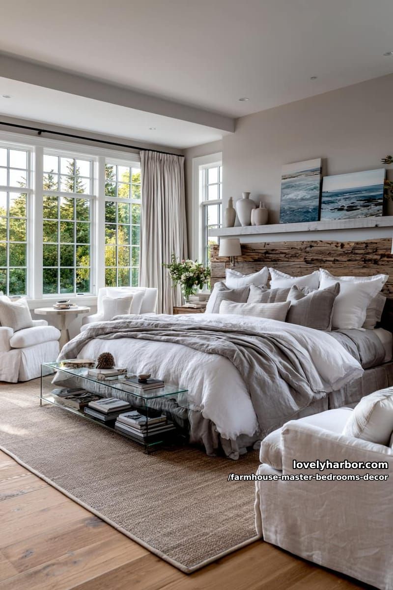master bedroom with grid windows, plush bed, rustic headboard, and cozy seating. 1