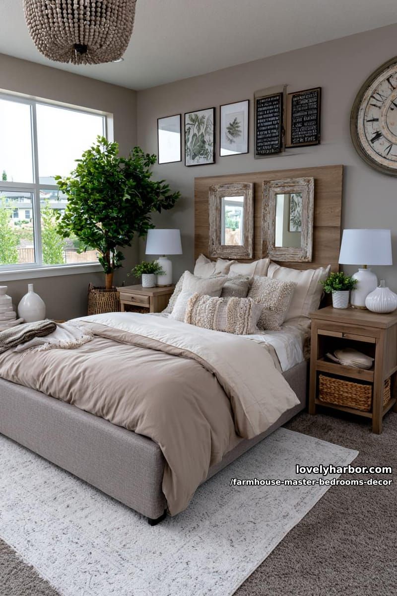 master bedroom with upholstered bed, beaded chandelier, and botanical decor. 1