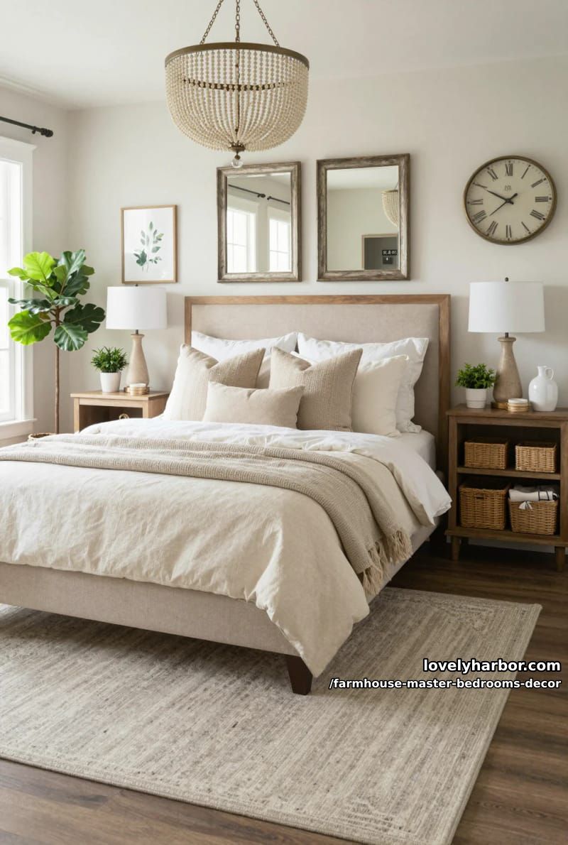 master bedroom with upholstered bed, beaded chandelier, and botanical decor. 1
