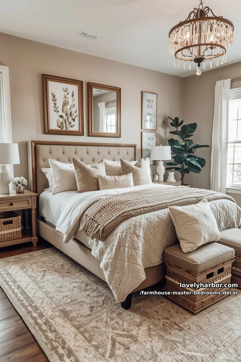 master bedroom with upholstered bed, beaded chandelier, and botanical decor. 1