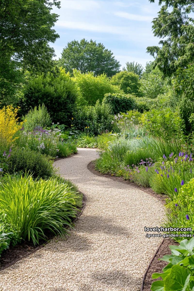 meandering gravel path through garden with ornamental grasses and shrubs. 1