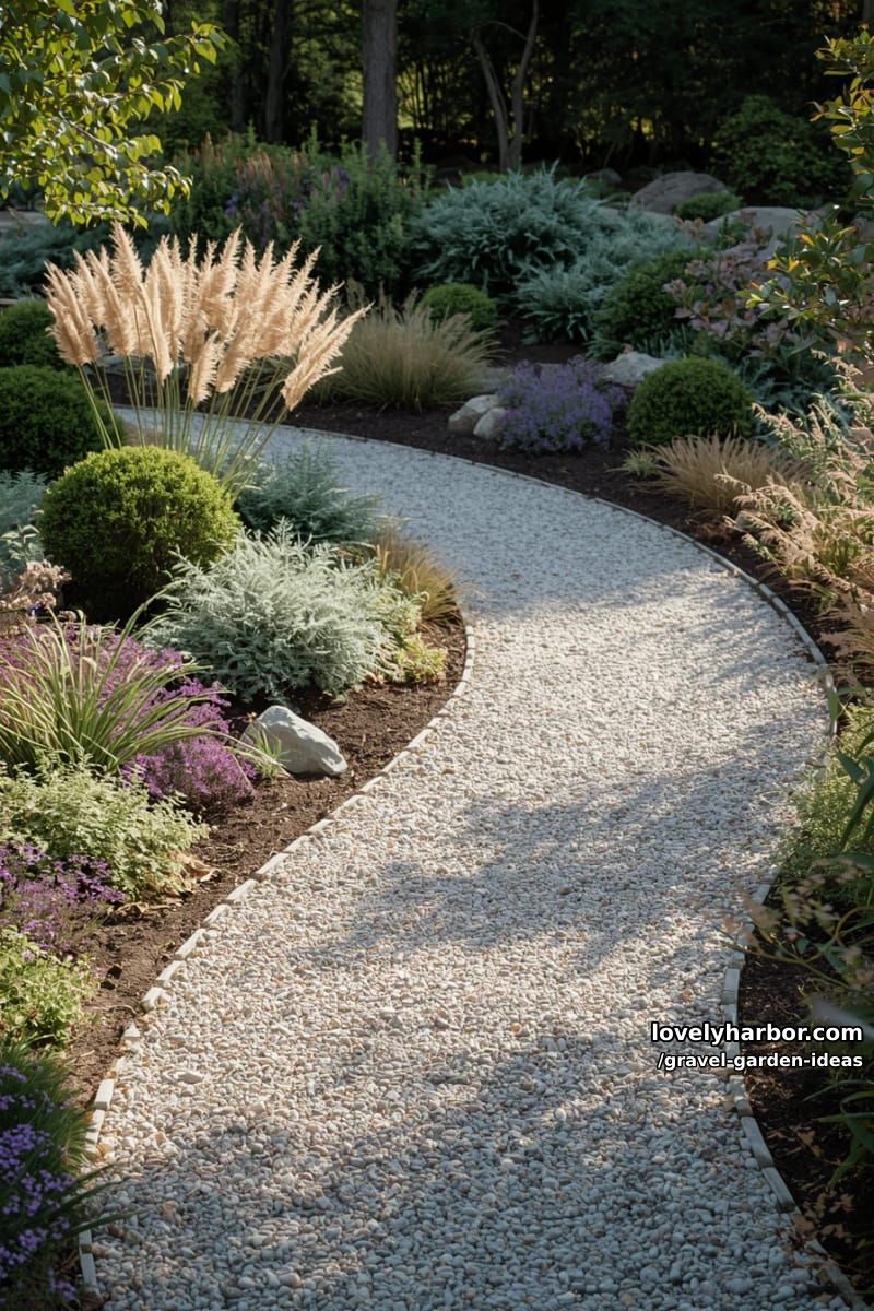 meandering gravel path through garden with ornamental grasses and shrubs. 1