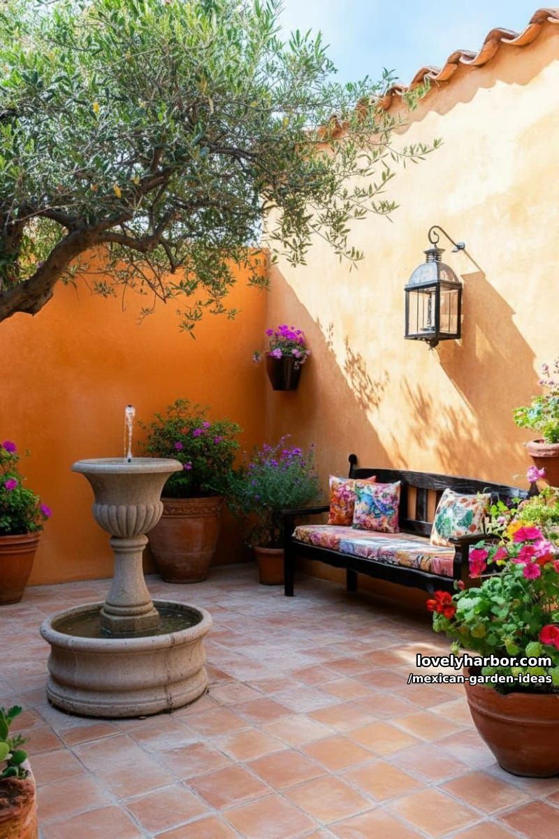 mediterranean courtyard with terracotta tiles, stone fountain, and vibrant flowers. 1