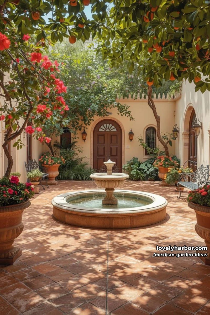 mediterranean courtyard with terracotta tiles, stone fountain, and vibrant flowers. 1