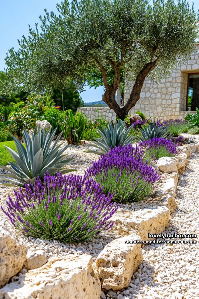 mediterranean garden with gravel paths, stone borders, lavender, agave, and olive trees. 1