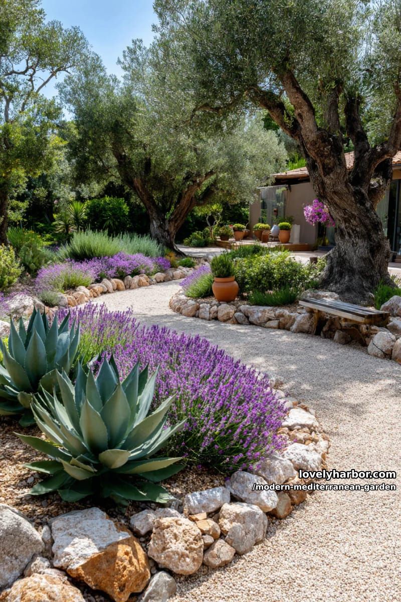 mediterranean garden with gravel paths, stone borders, lavender, agave, and olive trees. 1