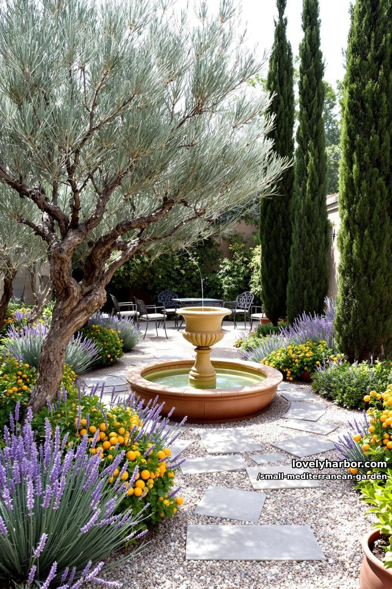 mediterranean garden with olive and citrus trees, lavender, urn fountain, cypress. 1