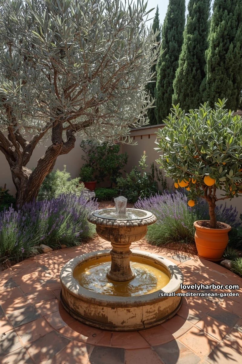 mediterranean garden with olive and citrus trees, lavender, urn fountain, cypress. 1